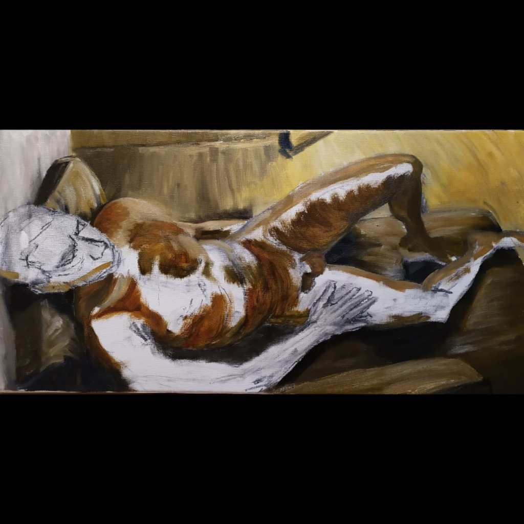 First layer of an oil painting of a reclining male nude